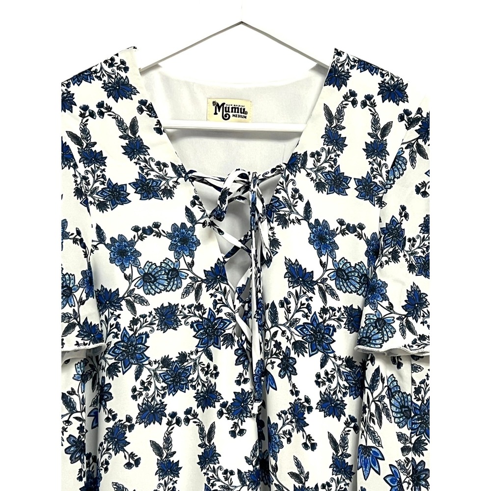 Show Me Your Mumu Dress Womens Medium White Blue Floral Lace Up Flutter Sleeve - Picture 3 of 9
